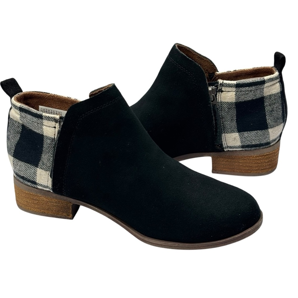 New TOMS Ankle Boots Womens Size 6.5 Black & Buffalo Plaid Ankle Boot Deia Suede